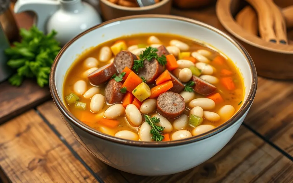 Hearty white bean and sausage soup with carrots, herbs, and crusty bread—a comforting homemade meal