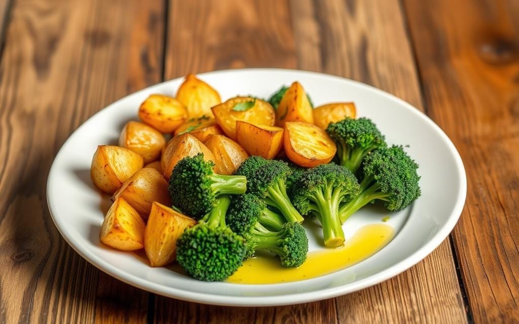 roasted potatoes and broccoli