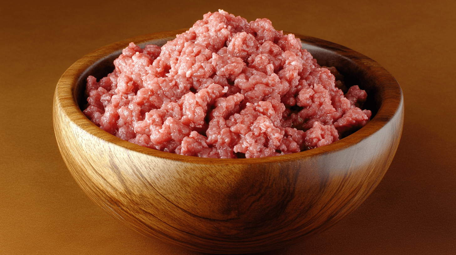 Fresh raw ground beef in a wooden bowl