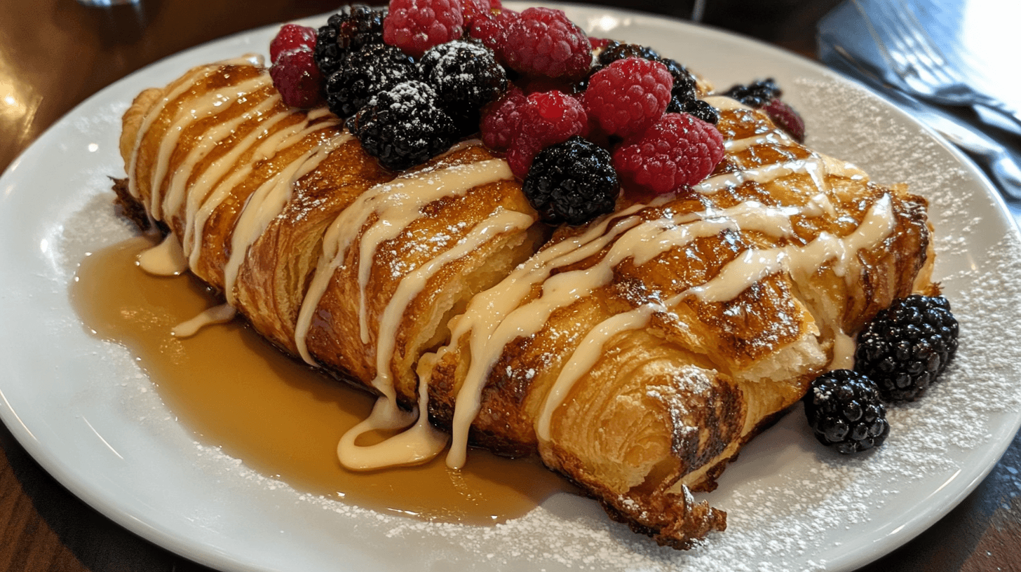Close-up of croissant French toast with berries and syrup