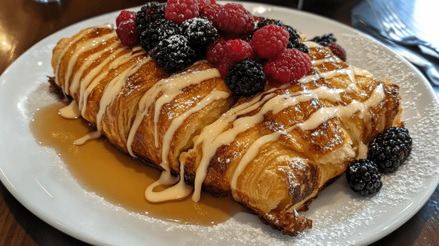 Close-up of croissant French toast with berries and syrup