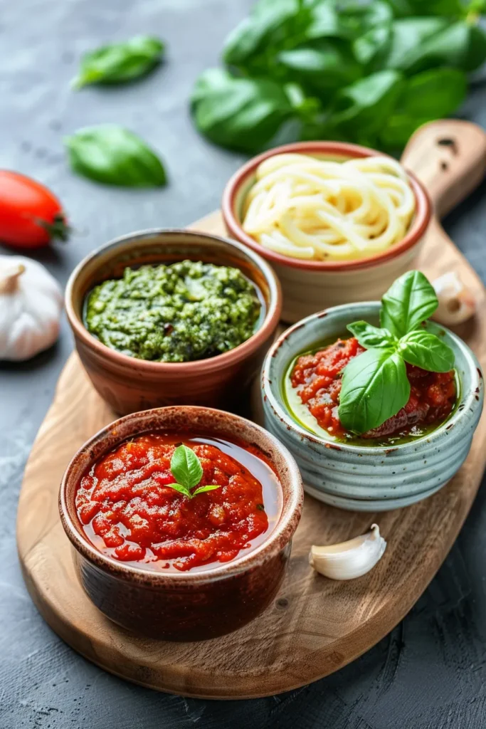 Different sauces for vegetable lasagna, including marinara, Alfredo, and pesto.