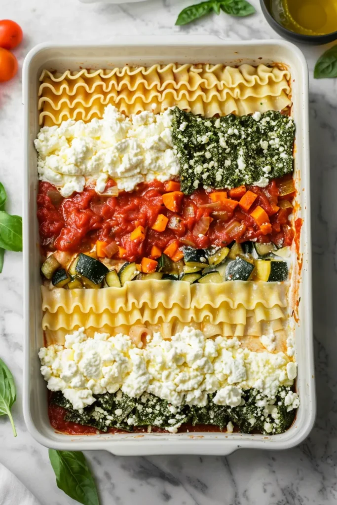 Layering vegetable lasagna with roasted vegetables, ricotta, and marinara sauce.