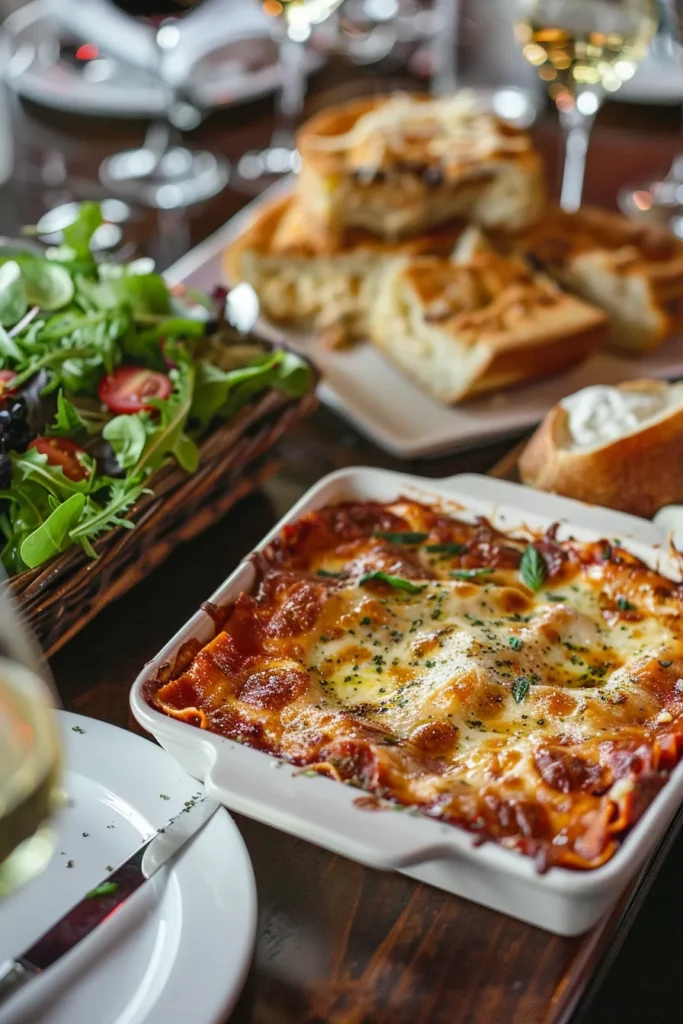 Vegetable lasagna served with Caesar salad, garlic bread,