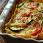 Freshly baked vegetable lasagna with zucchini, tomatoes, and cheese in a ceramic dish.