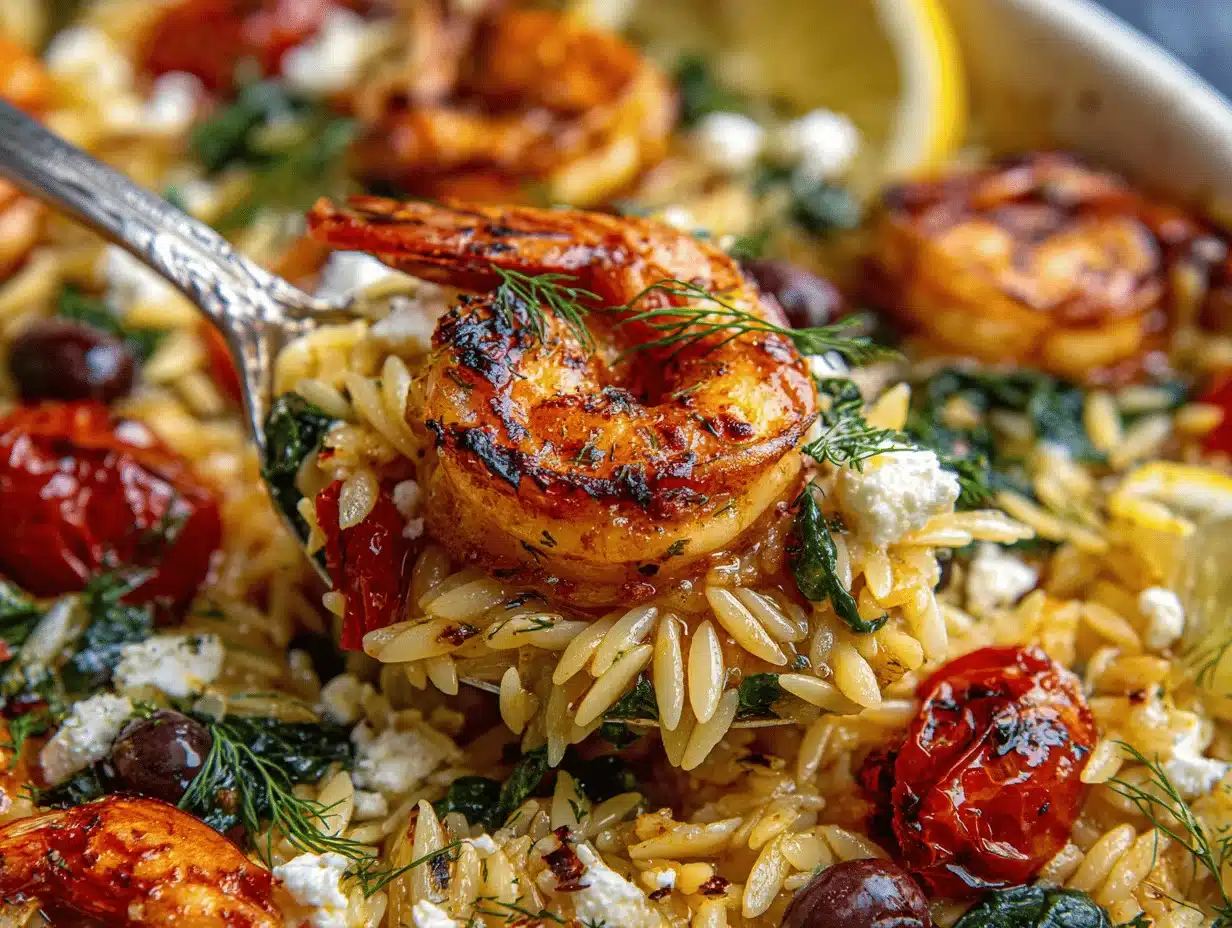 lemon feta orzo shrimp - featured image