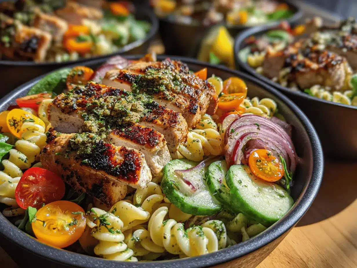Mediterranean chicken pasta salad preparation steps
